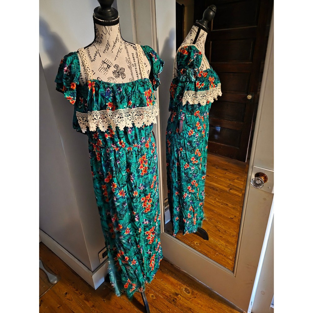 No Boundaries Tropical Floral Jumpsuit Green Crochet Lace Boho XXL 2XG New